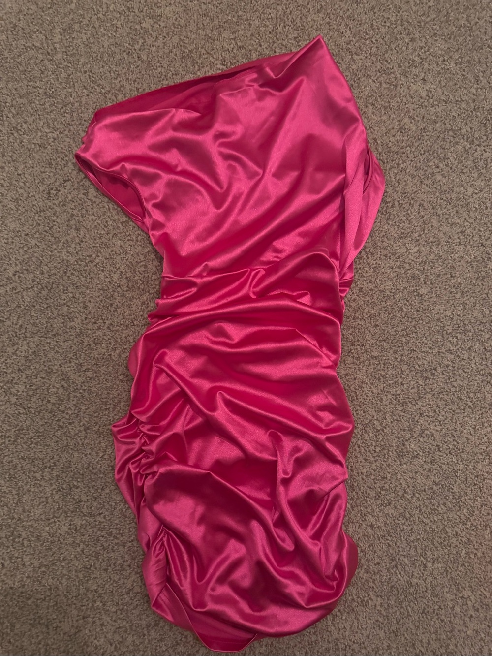 SHEIN One-Shoulder Satin Ruched Dress in Hot Pink